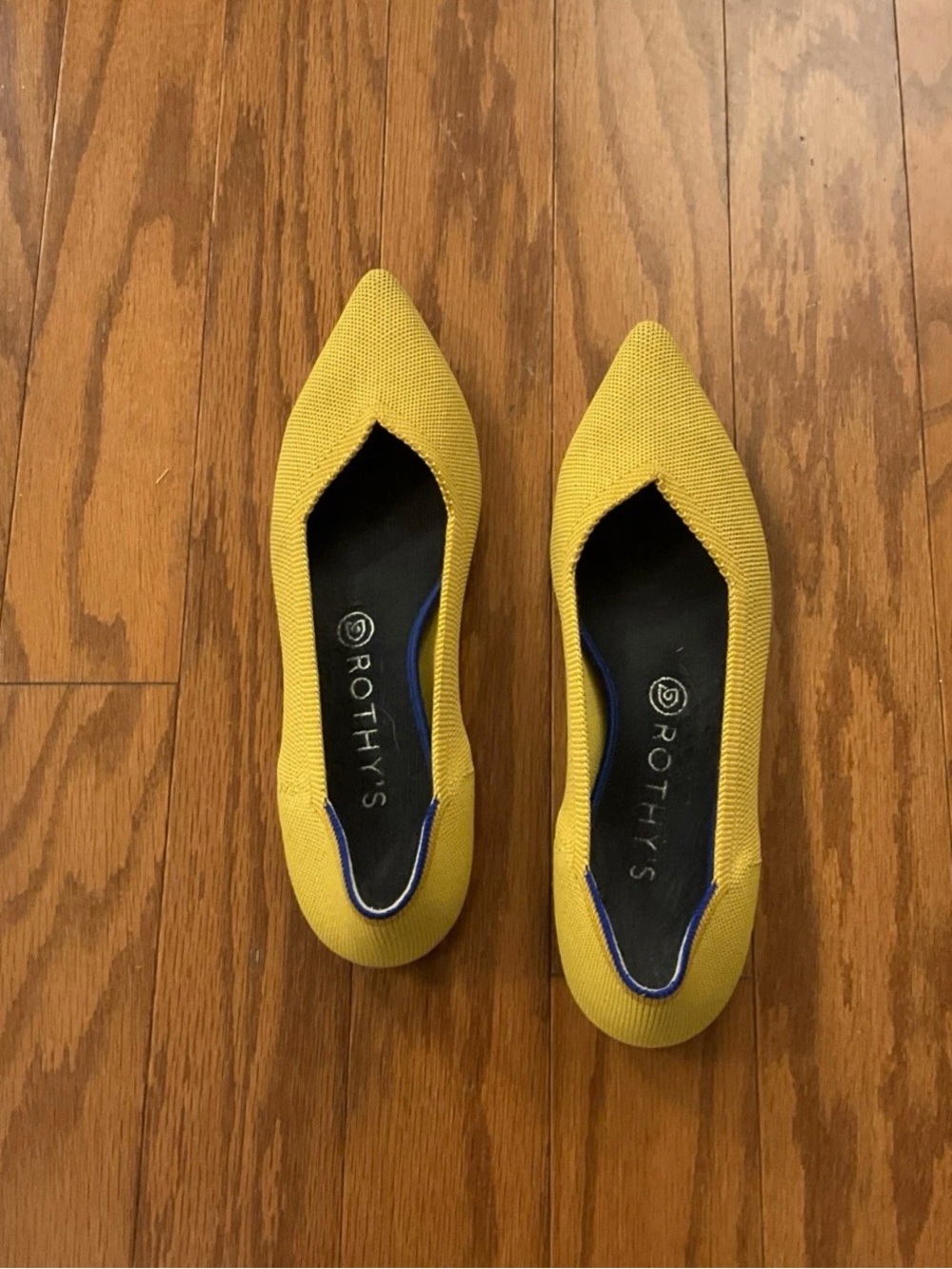 Rothy's Pointed Toe Knit Flats in Yellow with Navy Trim